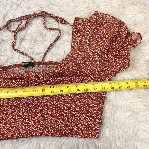 SHEIN Womens Red Floral Smocked Cut Out Tie Front Crop Top Bohemian NWOT Large - Picture 9 of 12